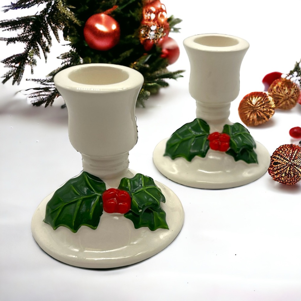 VTG Lot of 2 Vintage Lillian Vernon Earthenware Christmas Candlestick Holders